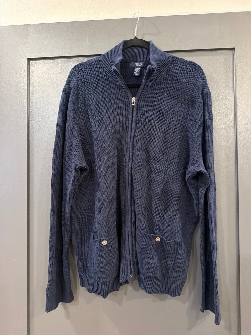 Chaps Cotton Cardigan Sweater Navy Blue Zip Up Collared Long Sleeve Pockets-2X